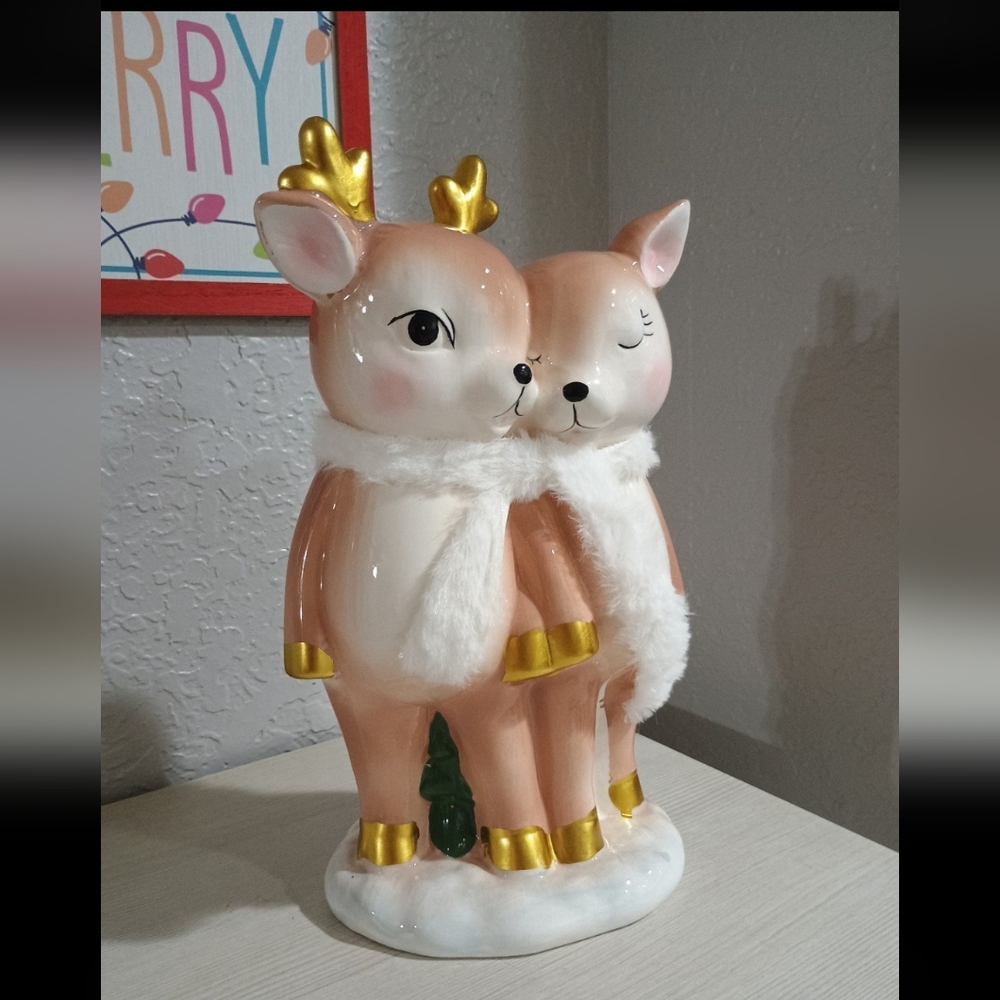 12" Precious Ceramic Deer Reindeer Couple Faux Fur Christmas Tree New - Picture 2 of 5